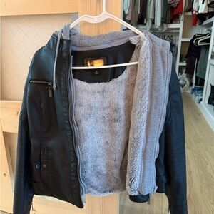 Jou Jou Black Faux Leather Jacket with Soft Gray Lining